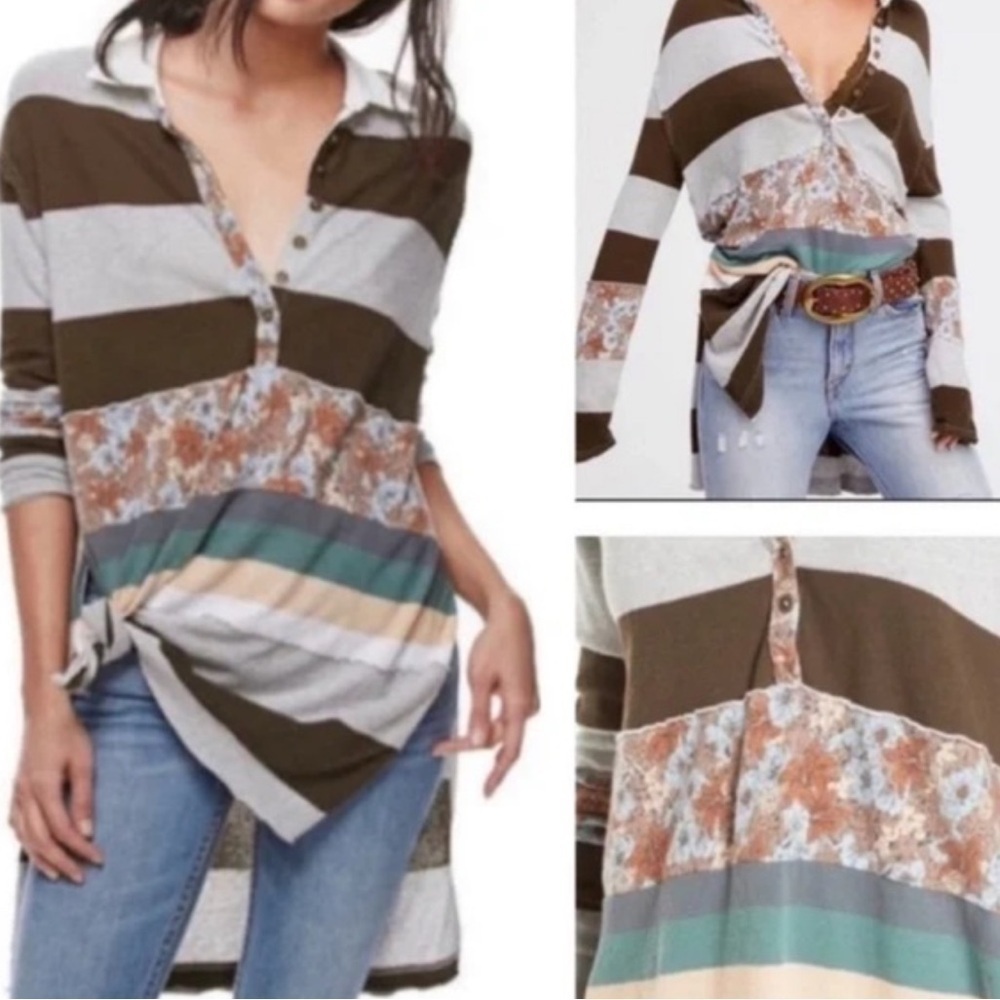 BNWT Free People We The Free Eloise Striped Floral Rugby Tunic